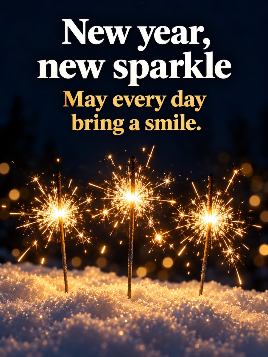 New Year greeting image: sparklers, snow. It says “New year, new sparkle” and “May every day bring a smile.”