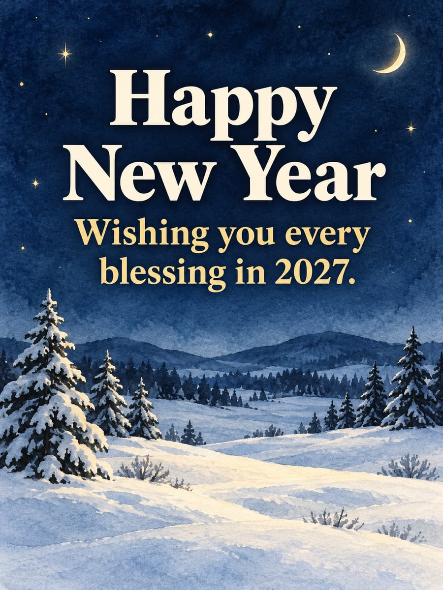 New Year greeting image: night sky, crescent moon, stars, snow. It says “Happy New Year” and “Wishing you every blessing in 2027.”