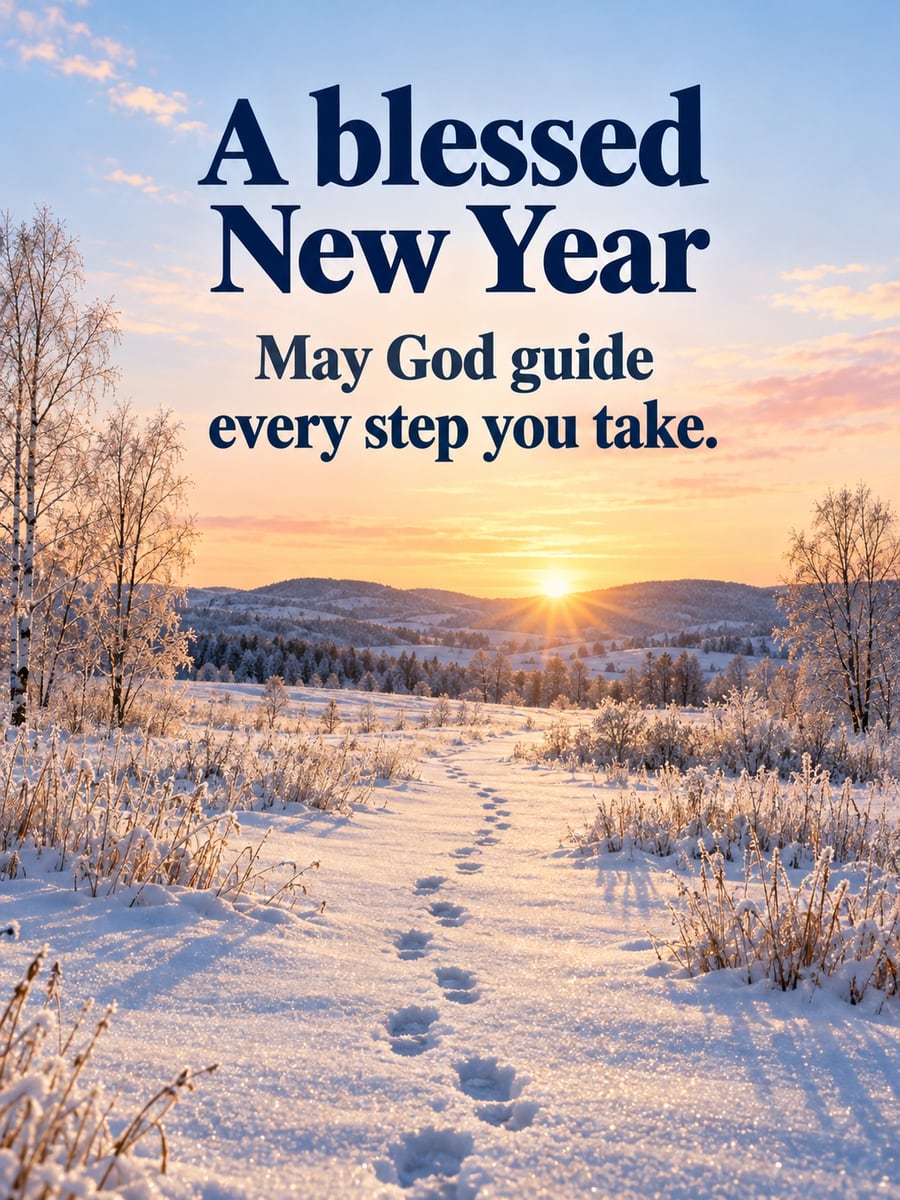 New Year greeting image: sunrise, snow, footprints, path. It says “A blessed New Year” and “May God guide every step you take.”