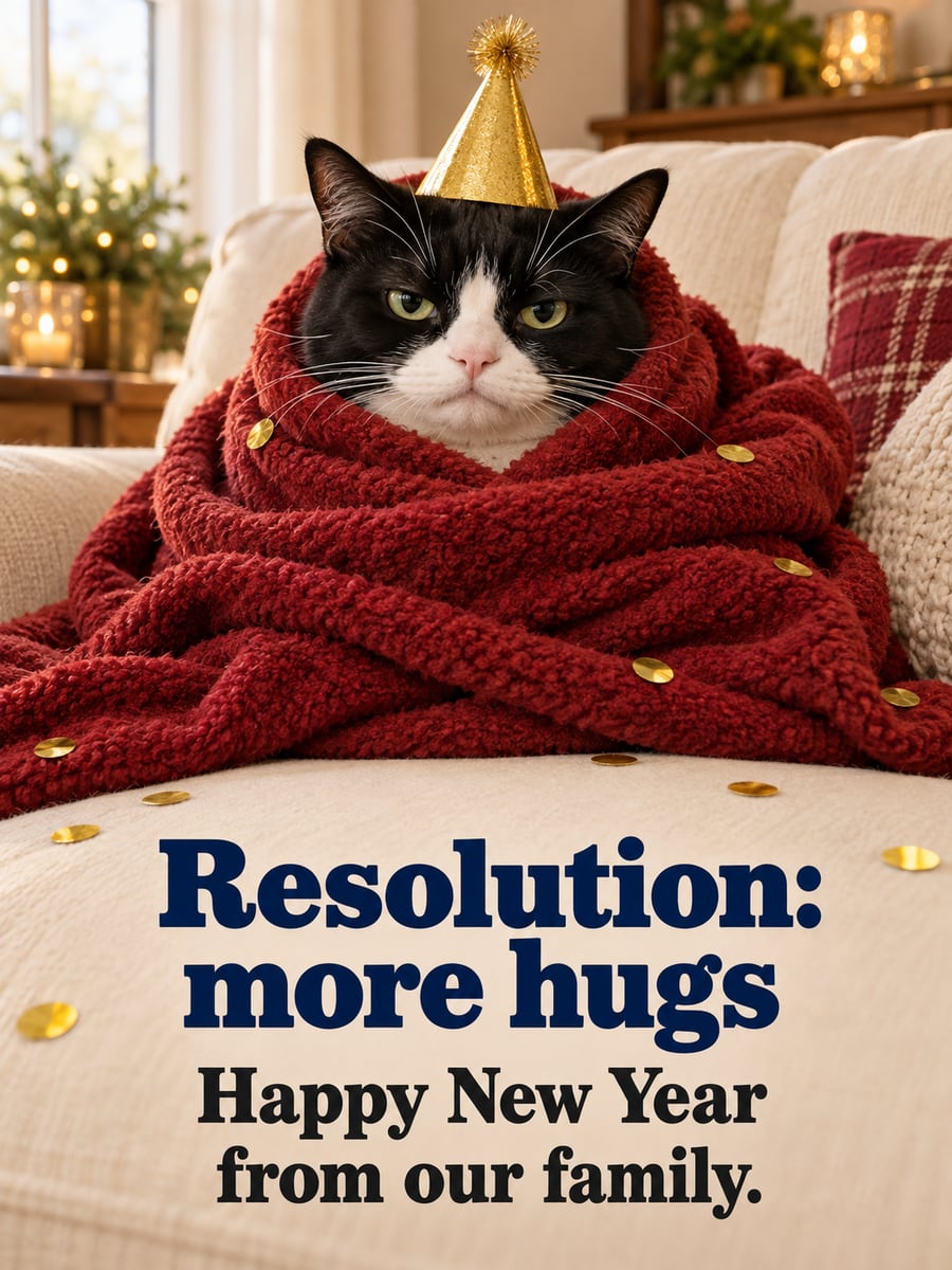 New Year greeting image: cat, tuxedo cat, blanket, party hat. It says “Resolution: more hugs” and “Happy New Year from our family.”