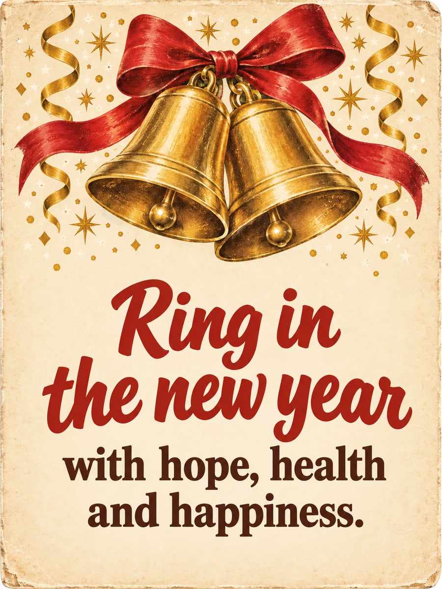 New Year greeting image: bells, ribbon, streamers. It says “Ring in the new year” and “with hope, health and happiness.”