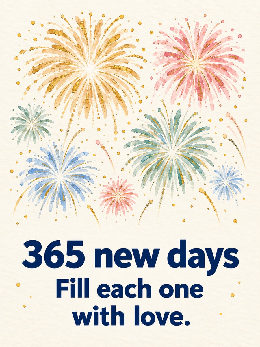 New Year greeting image: fireworks. It says “365 new days” and “Fill each one with love.”