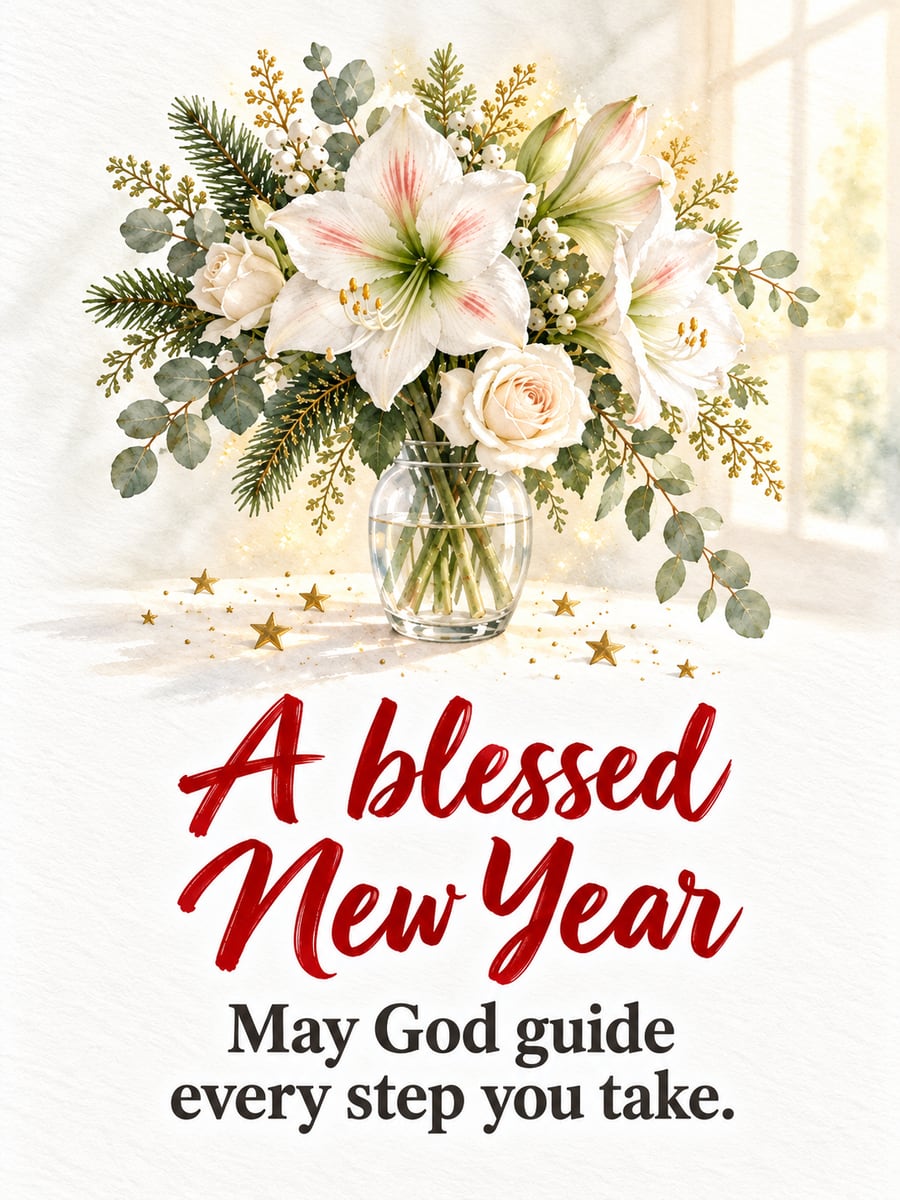 New Year greeting image: amaryllis, white roses, evergreen, stars. It says “A blessed New Year” and “May God guide every step you take.”