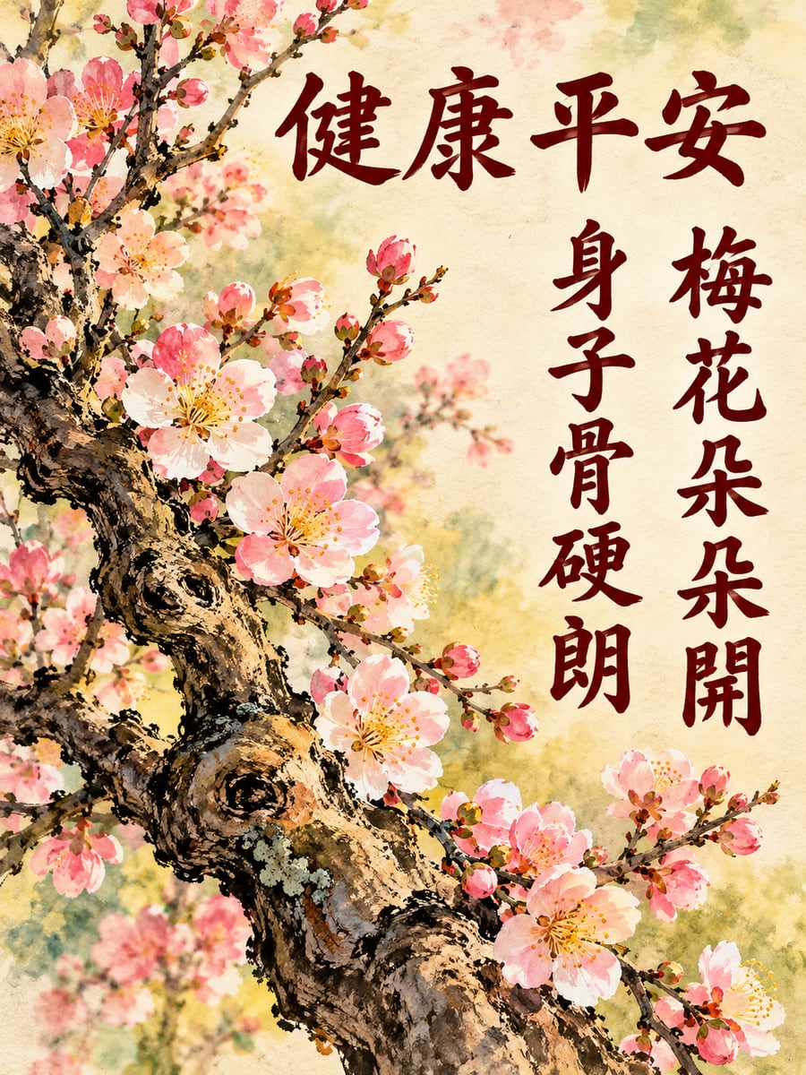 梅花枝頭。圖中文字：健康平安，梅花朵朵開，身子骨硬朗