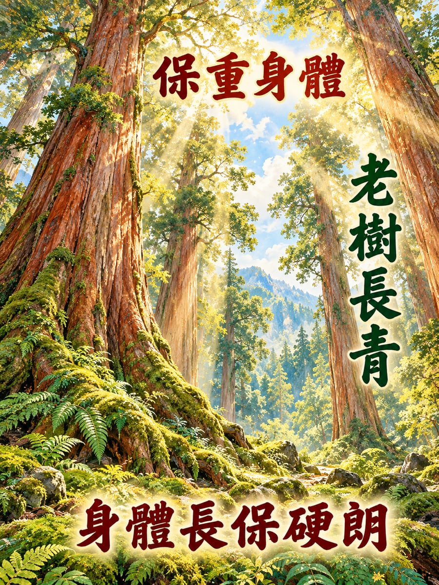 檜木林。圖中文字：保重身體，老樹長青，身體長保硬朗