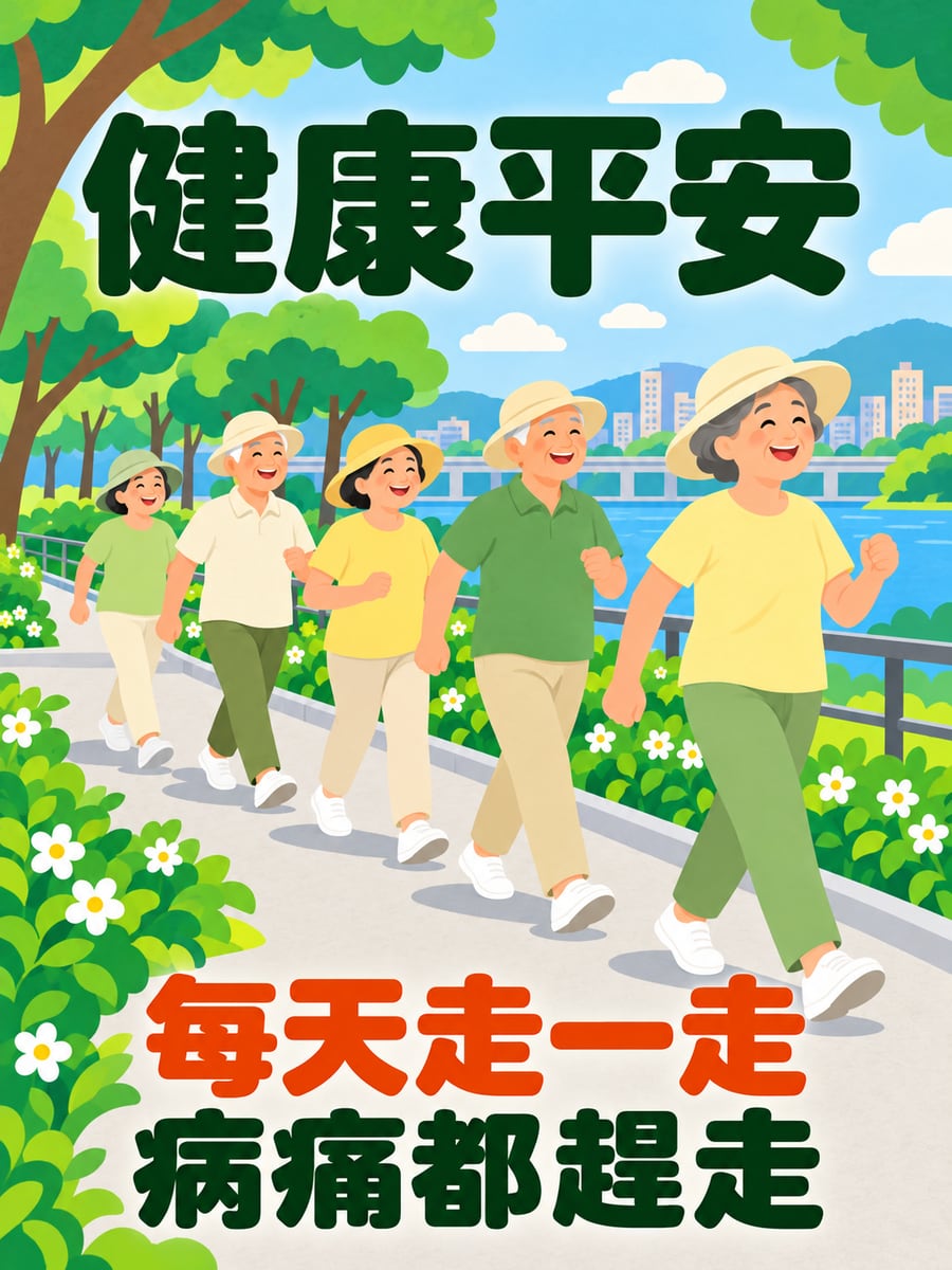 長輩健走隊。圖中文字：健康平安，每天走一走，病痛都趕走