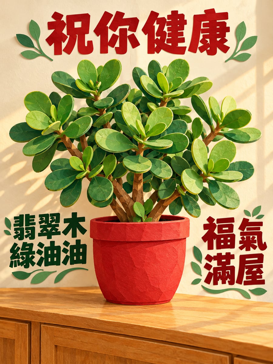 一盆翡翠木。圖中文字：祝你健康，翡翠木綠油油，福氣滿屋