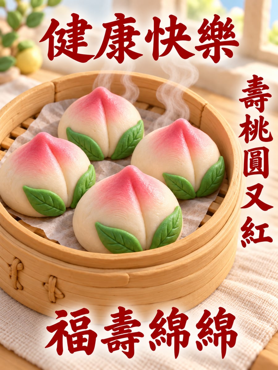 一籠壽桃。圖中文字：健康快樂，壽桃圓又紅，福壽綿綿