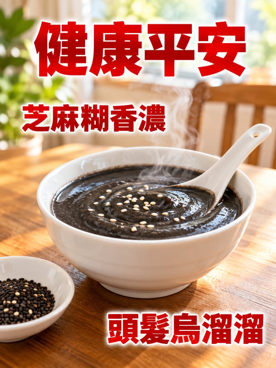 一碗芝麻糊。圖中文字：健康平安，芝麻糊香濃，頭髮烏溜溜
