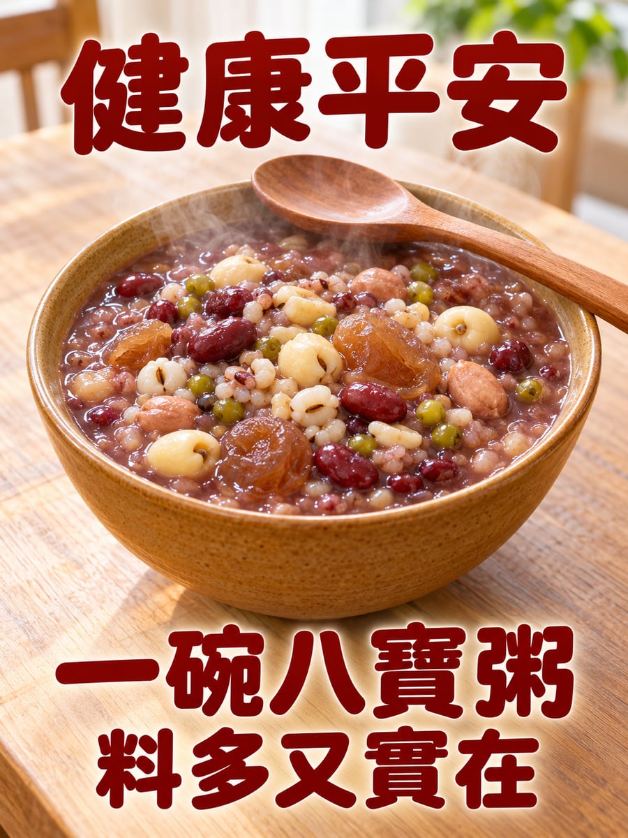 一碗八寶粥。圖中文字：健康平安，一碗八寶粥，料多又實在