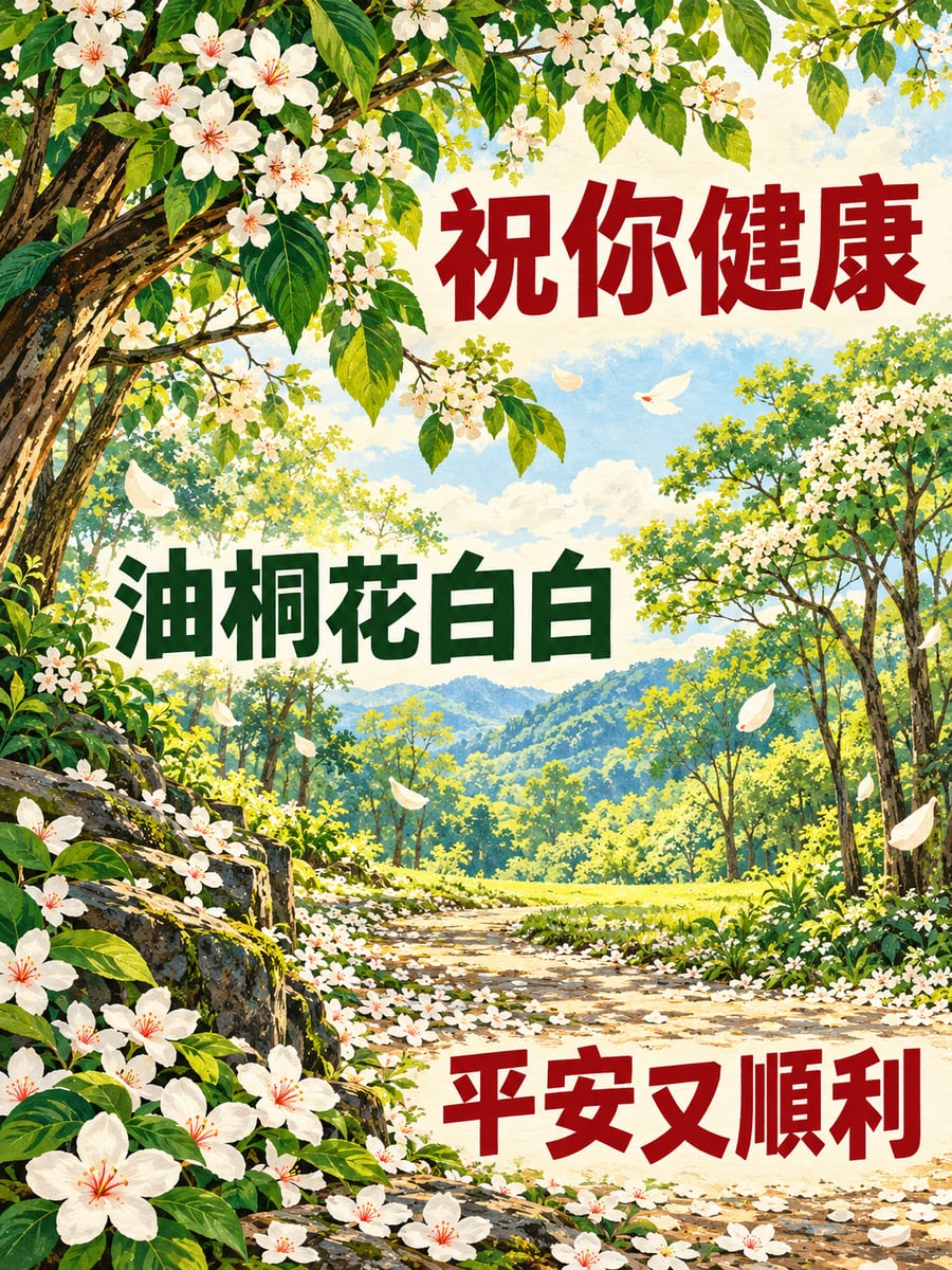 油桐花小徑。圖中文字：祝你健康，油桐花白白，平安又順利