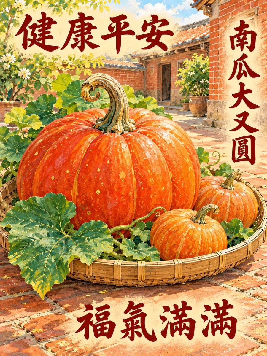大南瓜。圖中文字：健康平安，南瓜大又圓，福氣滿滿