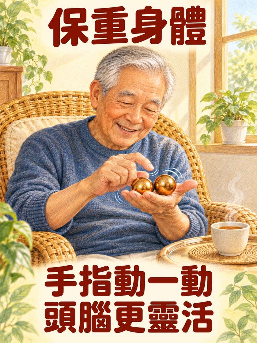 阿公轉健身球。圖中文字：保重身體，手指動一動，頭腦更靈活