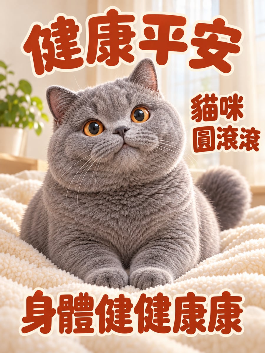 圓滾滾的英國短毛貓。圖中文字：健康平安，貓咪圓滾滾，身體健健康康