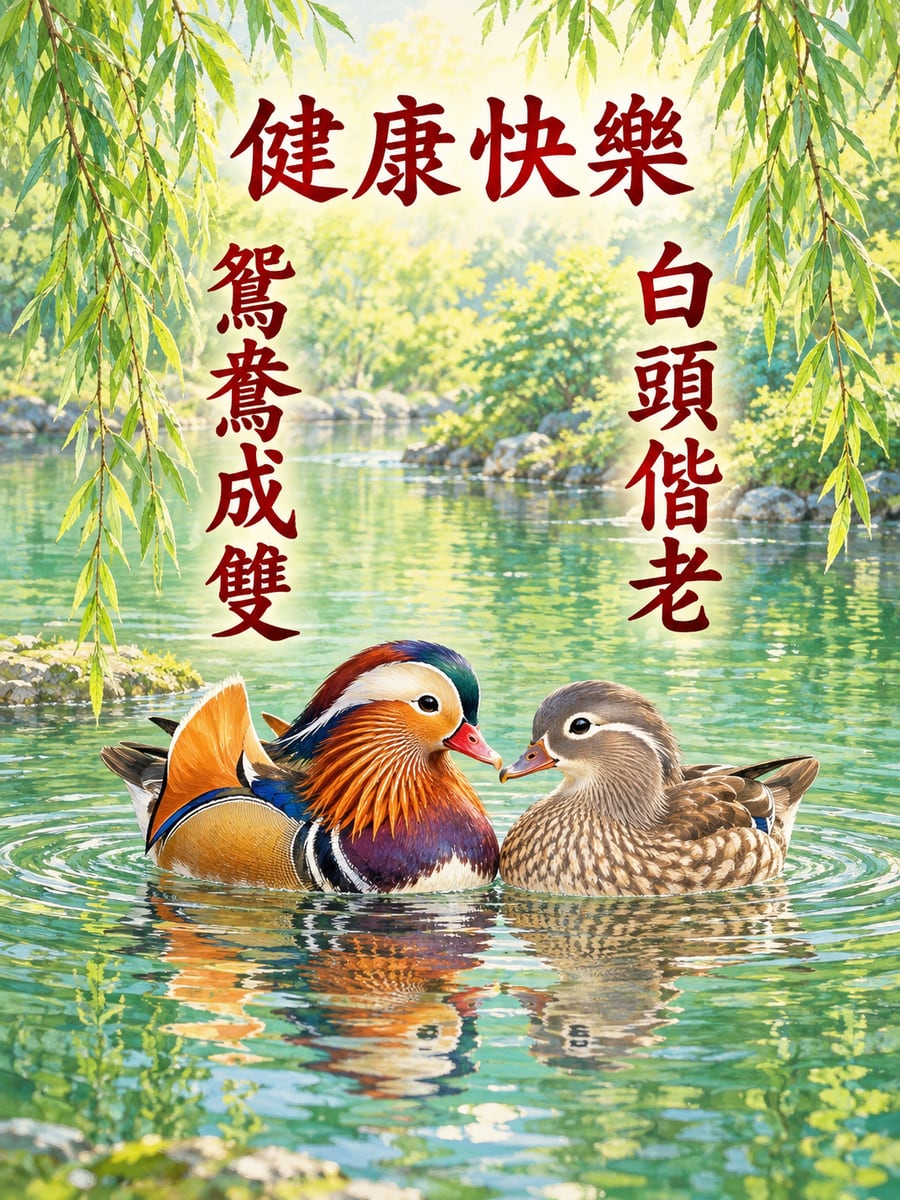 鴛鴦成對。圖中文字：健康快樂，鴛鴦成雙，白頭偕老