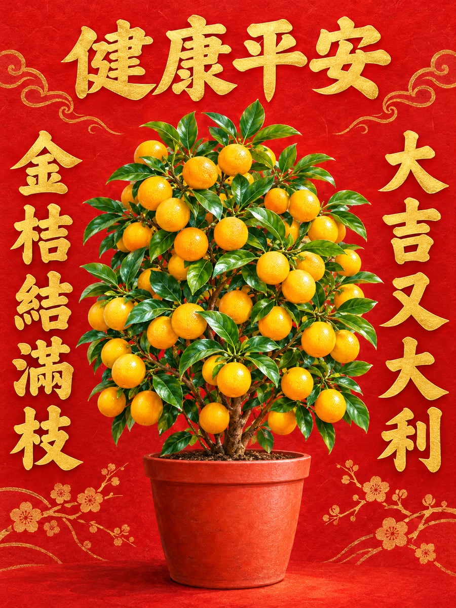 一盆金桔。圖中文字：健康平安，金桔結滿枝，大吉又大利