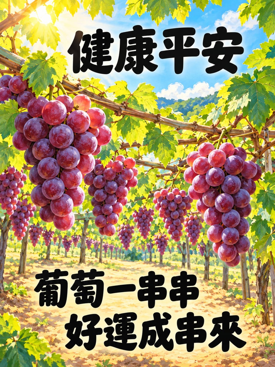 葡萄一串串。圖中文字：健康平安，葡萄一串串，好運成串來