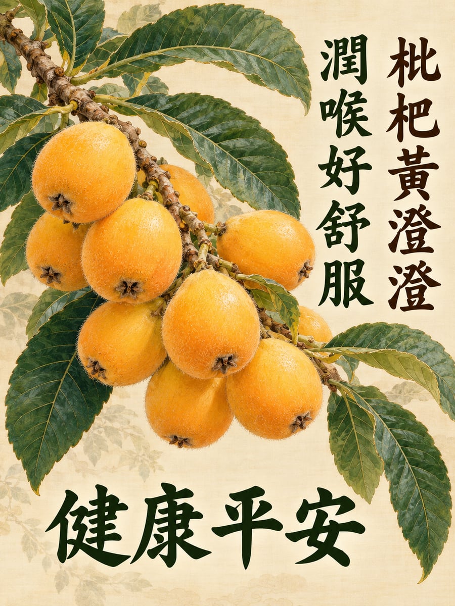 枇杷黃澄澄。圖中文字：健康平安，枇杷黃澄澄，潤喉好舒服