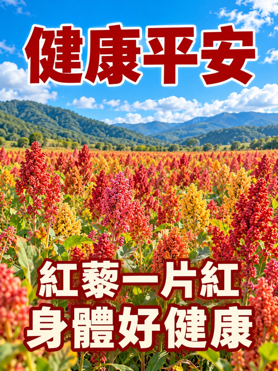 紅藜田。圖中文字：健康平安，紅藜一片紅，身體好健康