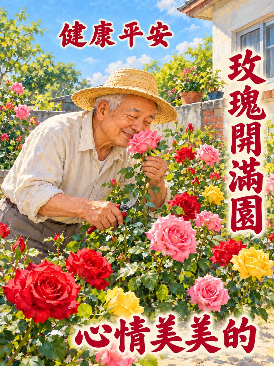 阿公種玫瑰。圖中文字：健康平安，玫瑰開滿園，心情美美的