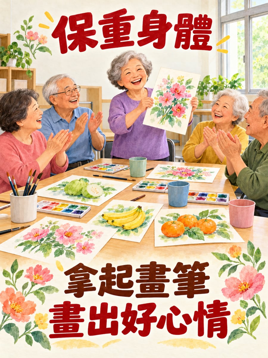 長輩學畫畫。圖中文字：保重身體，拿起畫筆，畫出好心情