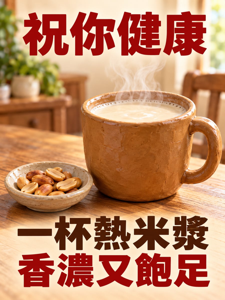 一杯熱米漿。圖中文字：祝你健康，一杯熱米漿，香濃又飽足