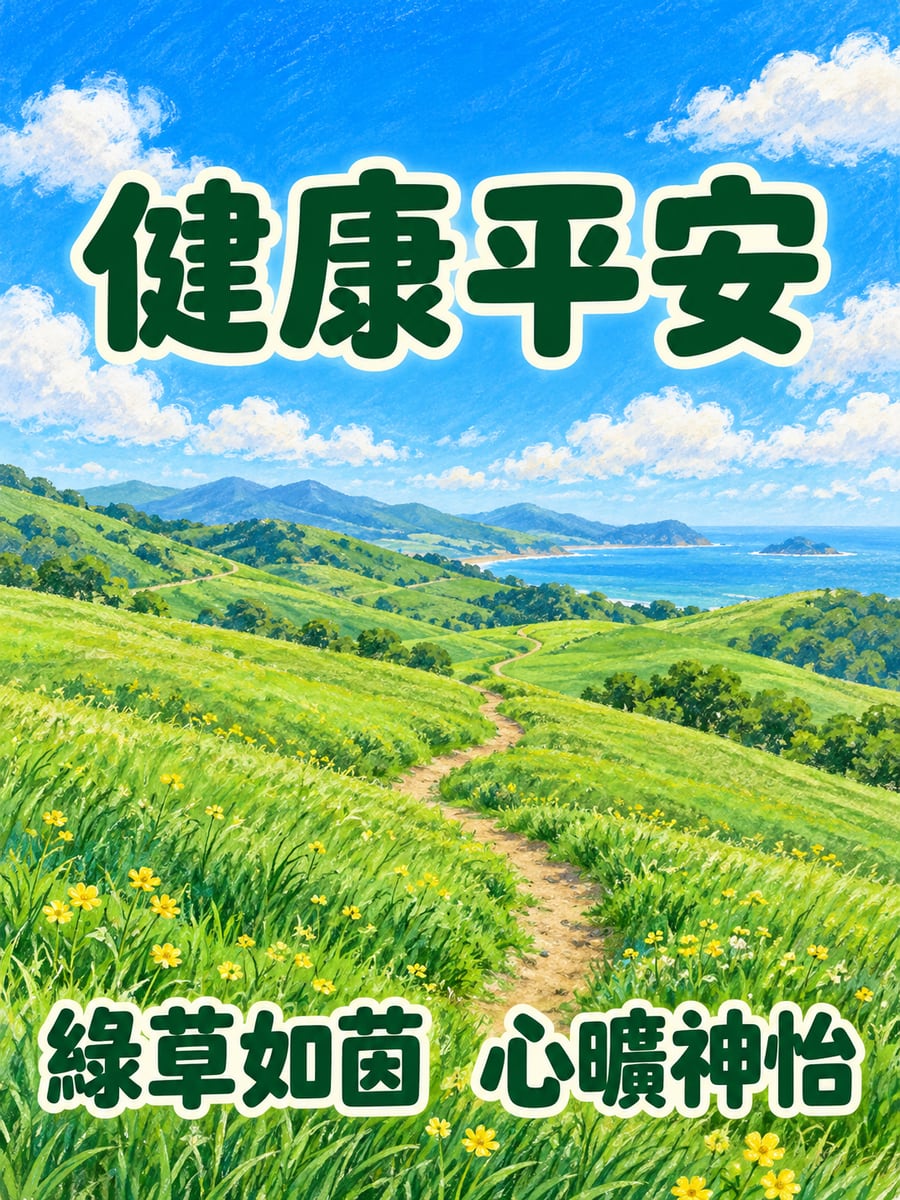 青青草原。圖中文字：健康平安，綠草如茵，心曠神怡