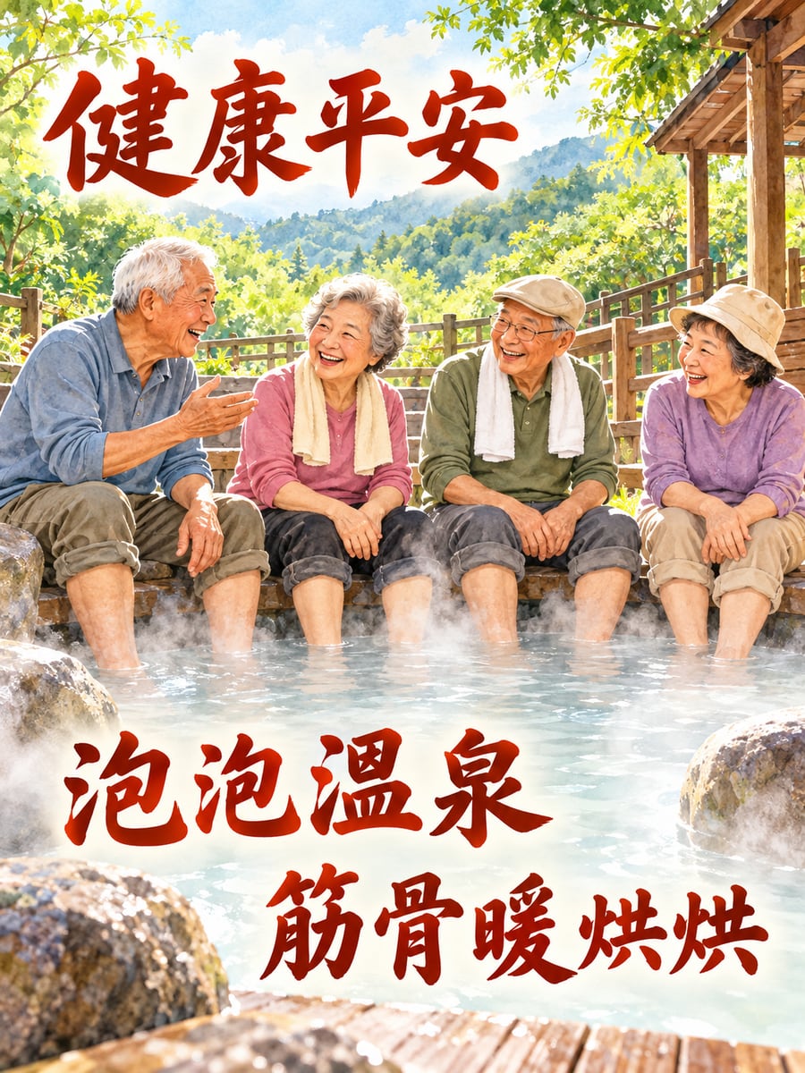 好友泡溫泉。圖中文字：健康平安，泡泡溫泉，筋骨暖烘烘