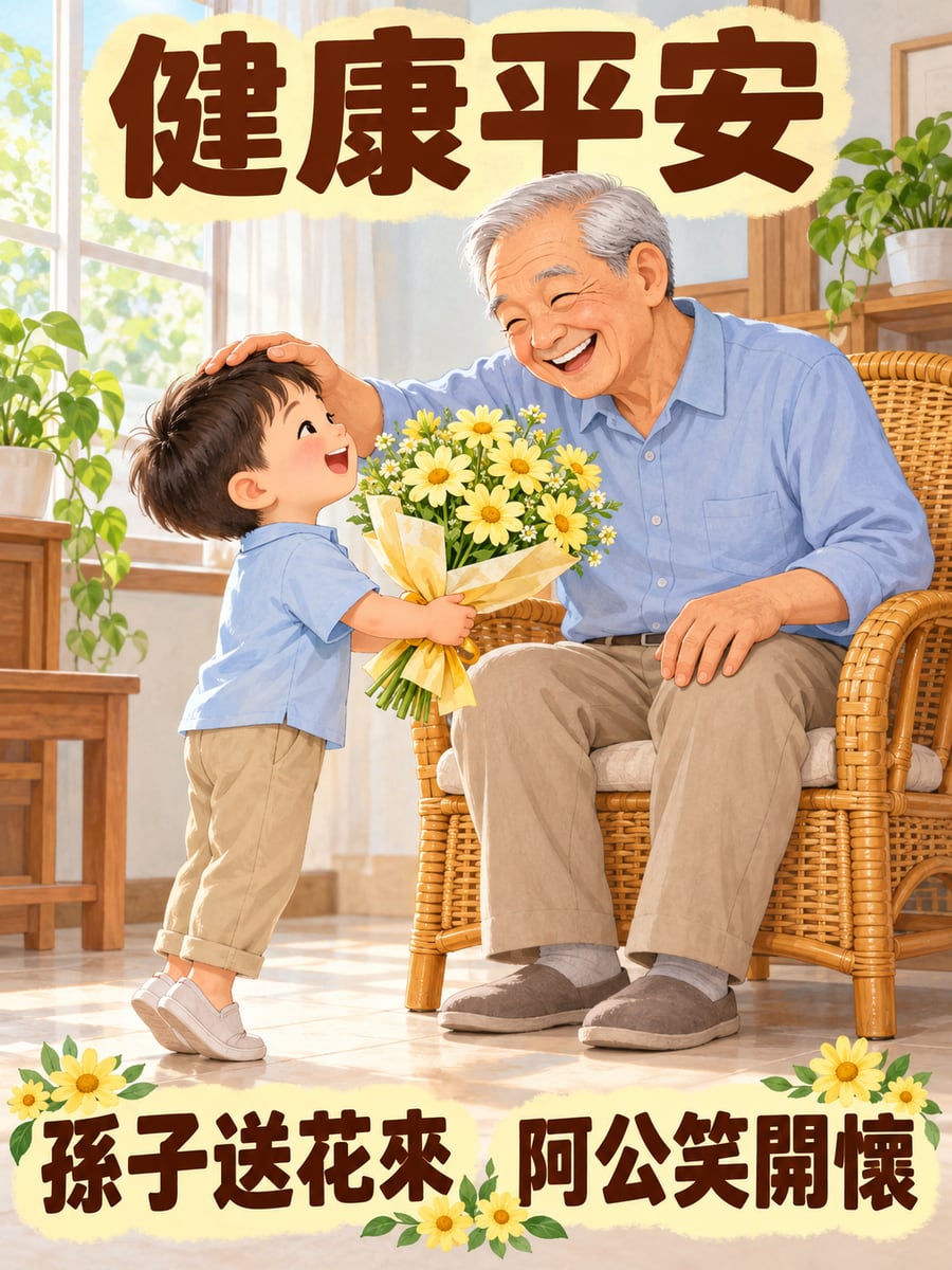 孫子送花給阿公。圖中文字：健康平安，孫子送花來，阿公笑開懷