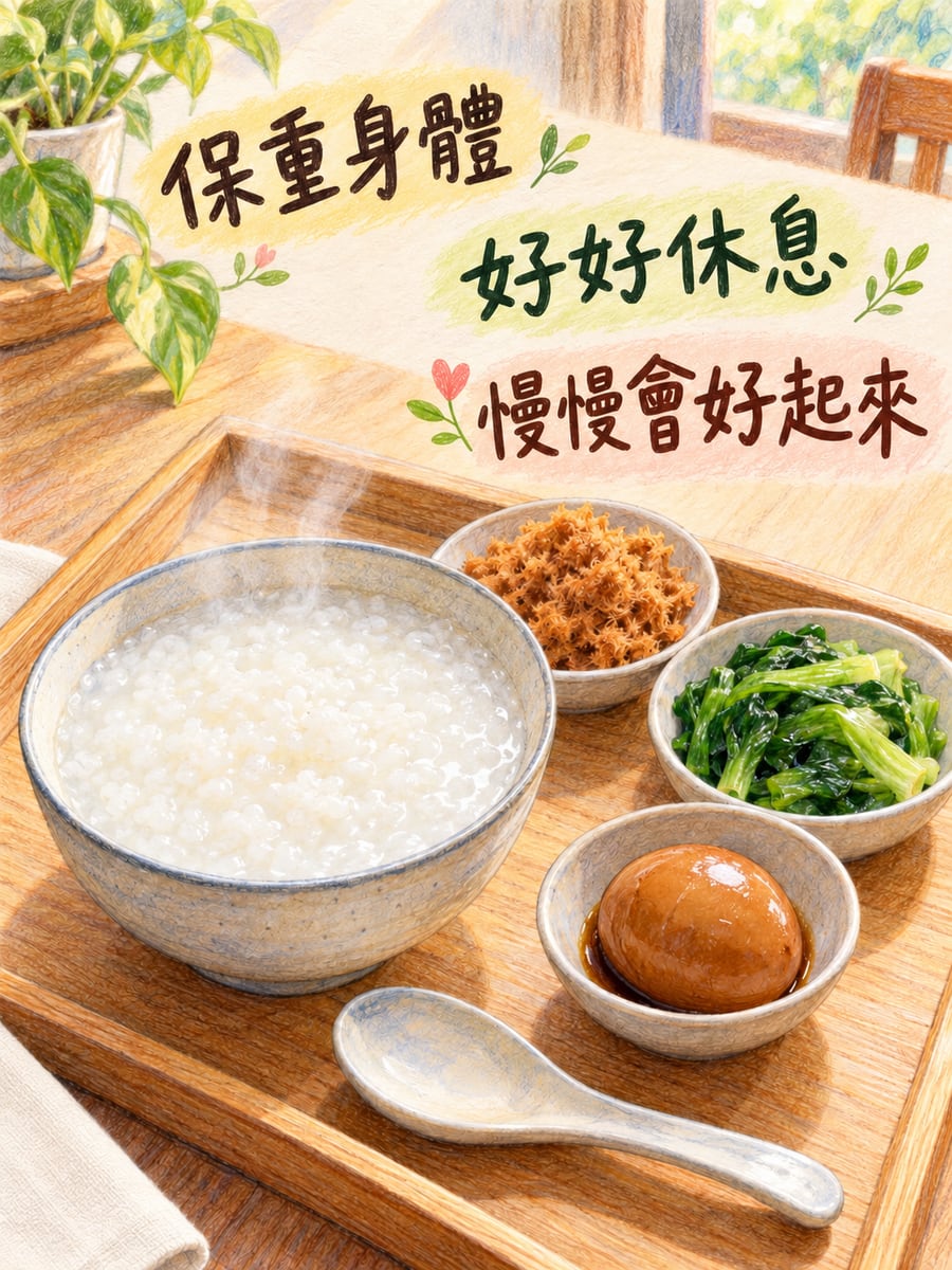 清粥小菜。圖中文字：保重身體，好好休息，慢慢會好起來