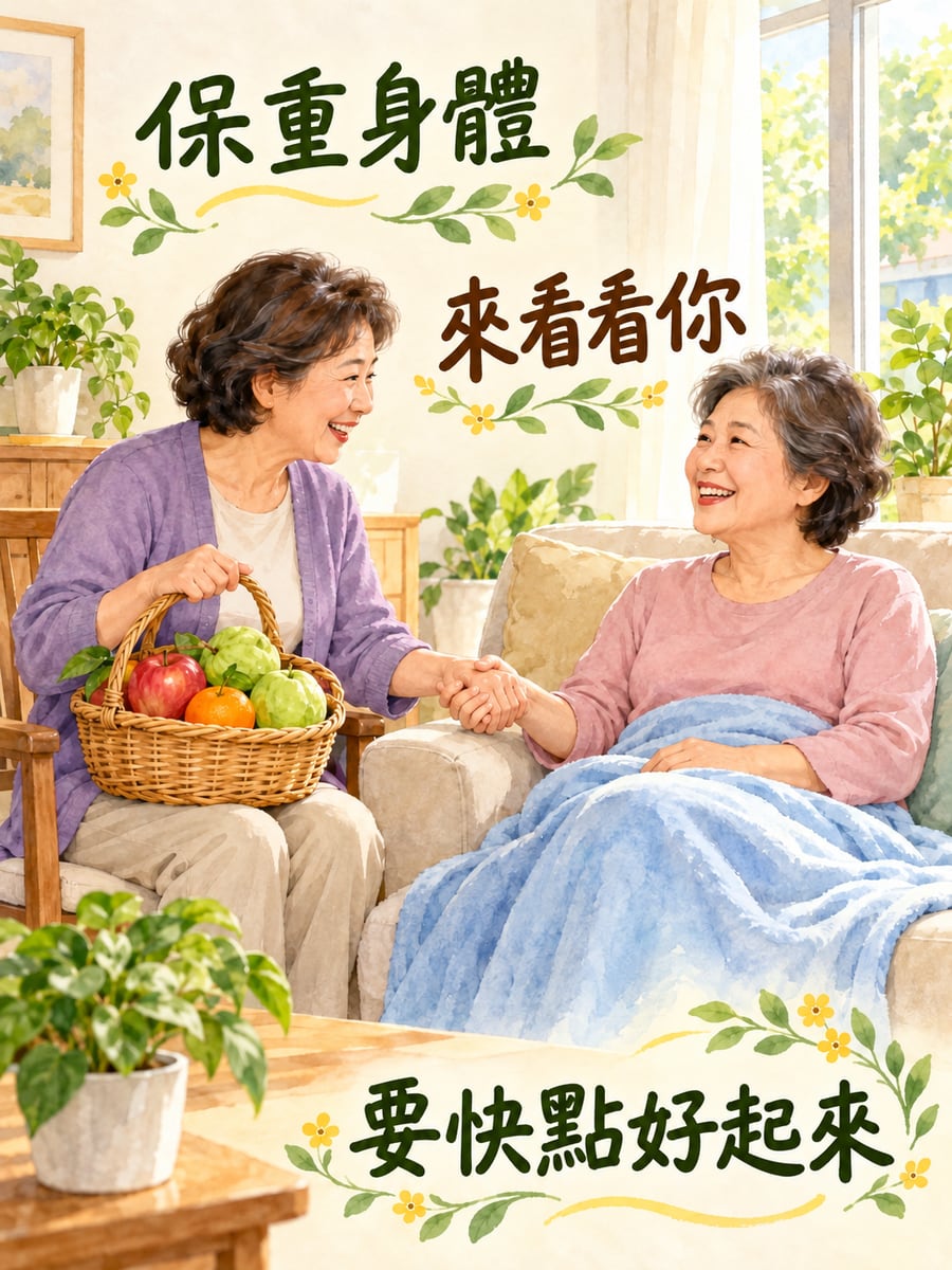提水果來看你。圖中文字：保重身體，來看看你，要快點好起來
