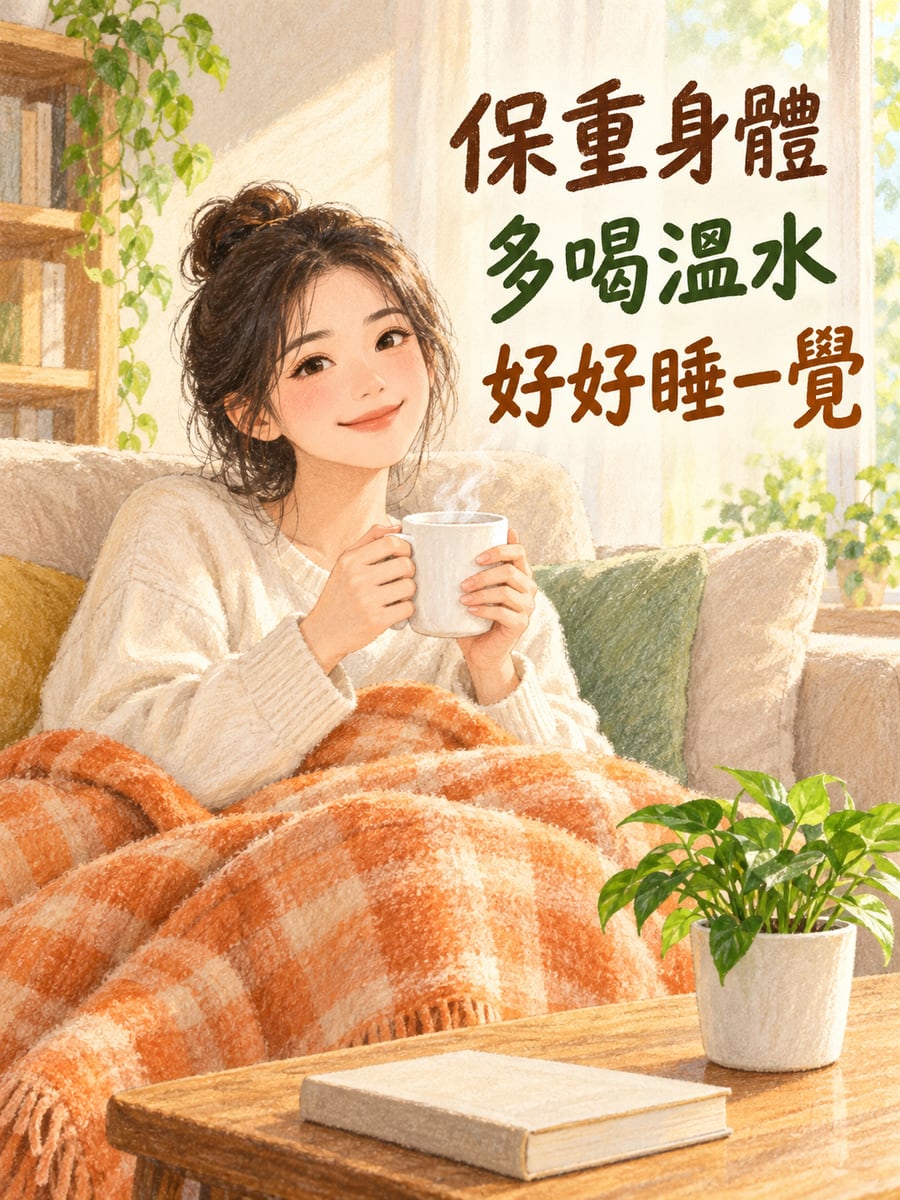 蓋毯子喝熱茶。圖中文字：保重身體，多喝溫水，好好睡一覺