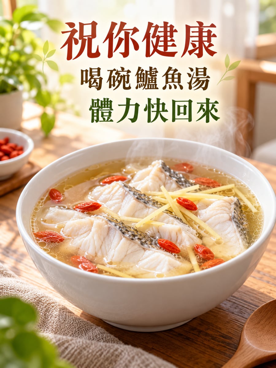 一碗鱸魚湯。圖中文字：祝你健康，喝碗鱸魚湯，體力快回來