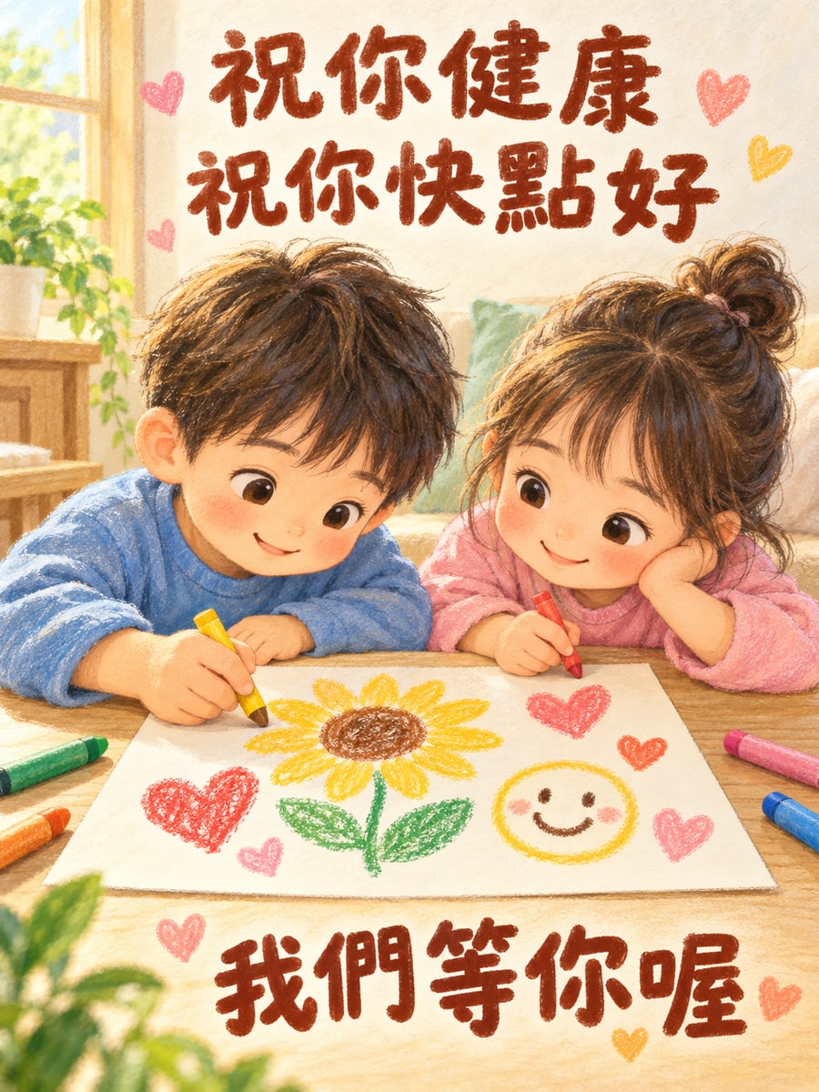 小朋友畫的慰問卡。圖中文字：祝你健康，祝你快點好，我們等你喔