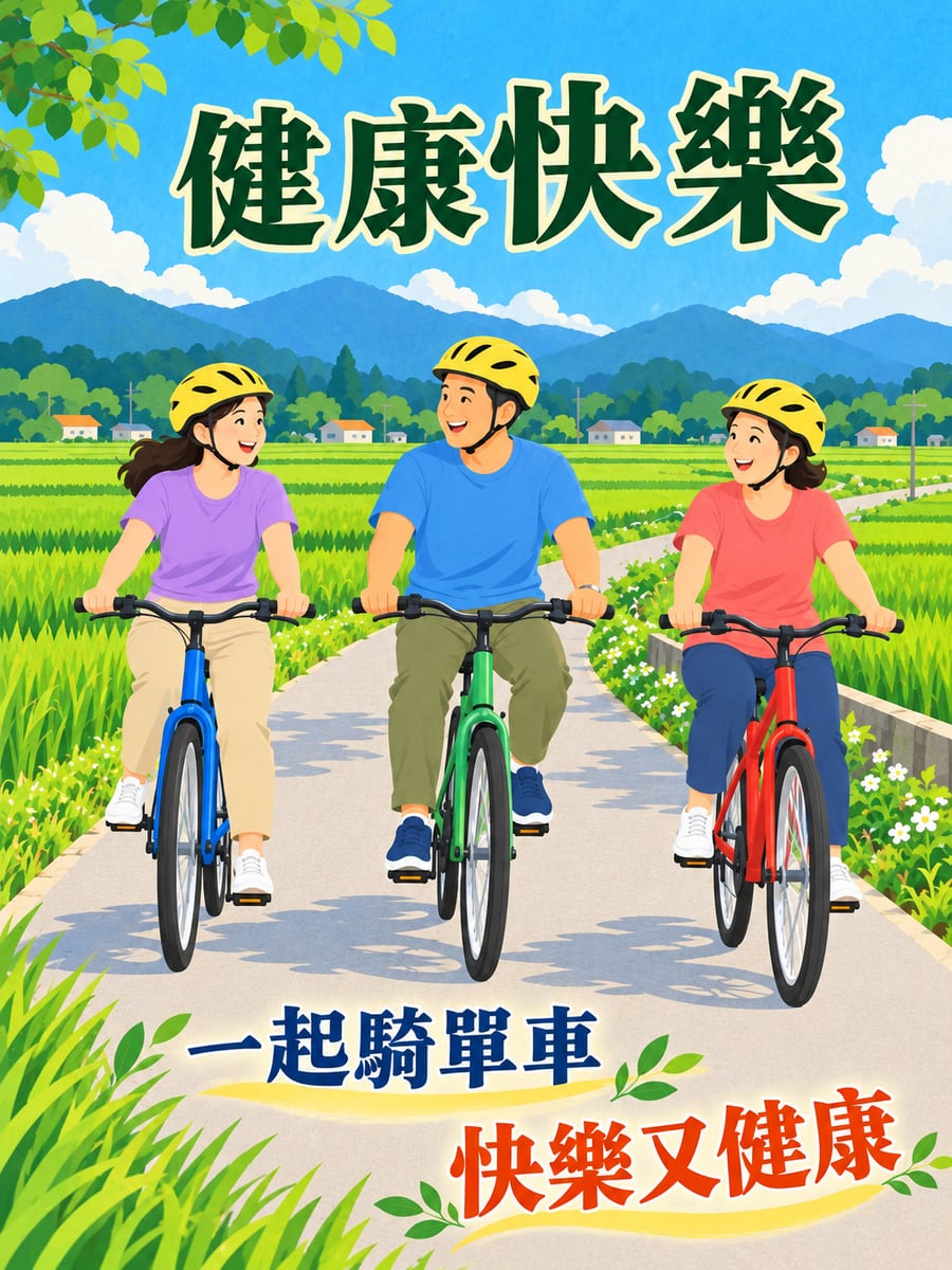 好友騎單車。圖中文字：健康快樂，一起騎單車，快樂又健康