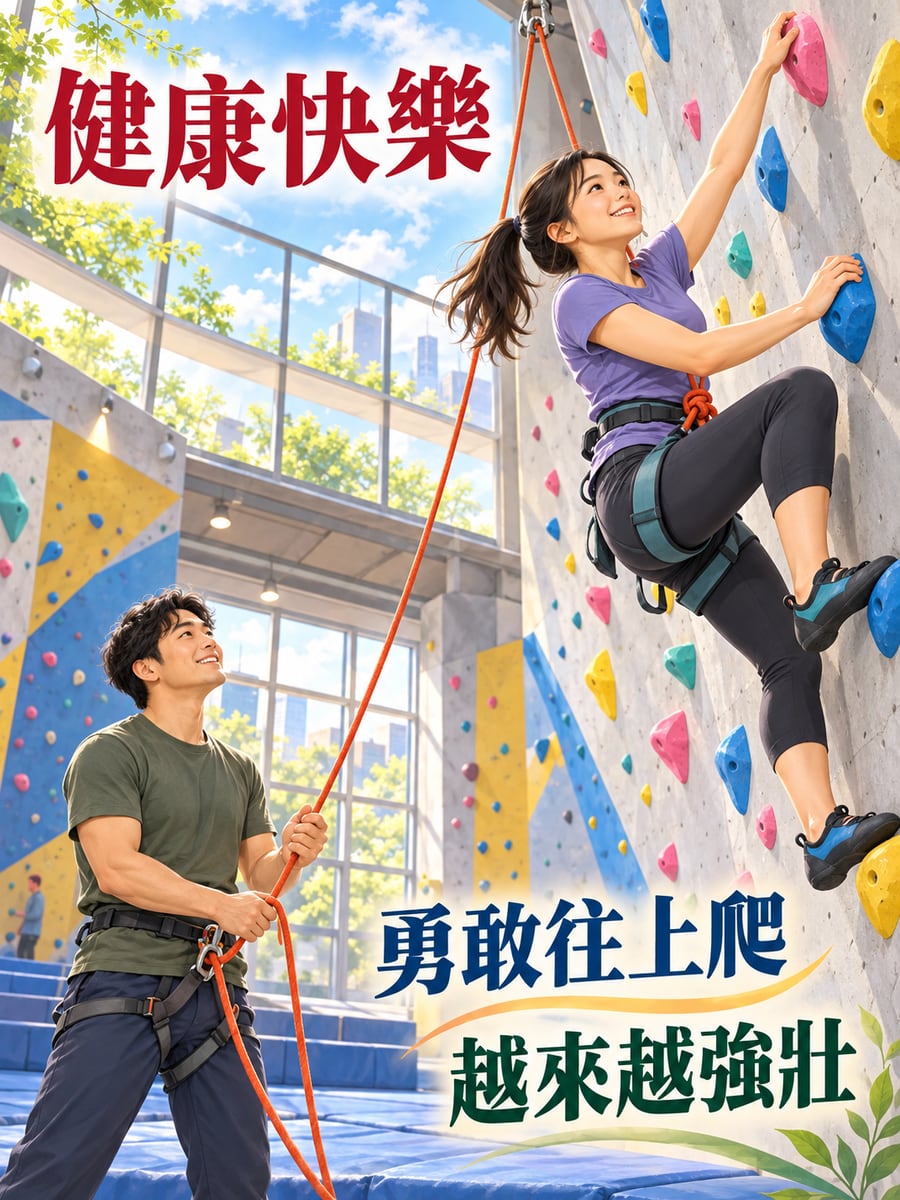 攀岩館挑戰。圖中文字：健康快樂，勇敢往上爬，越來越強壯