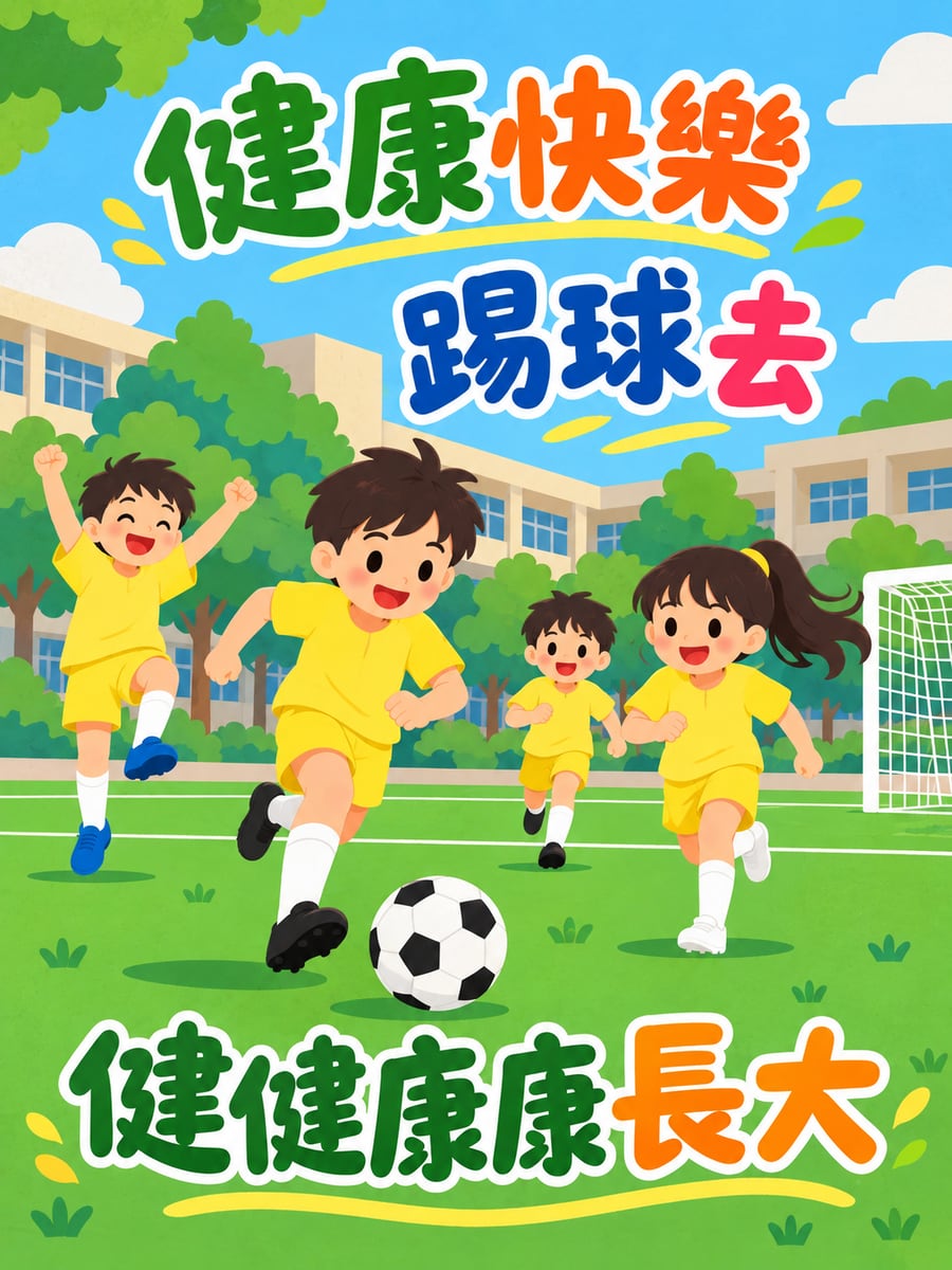 小朋友踢足球。圖中文字：健康快樂，踢球去，健健康康長大