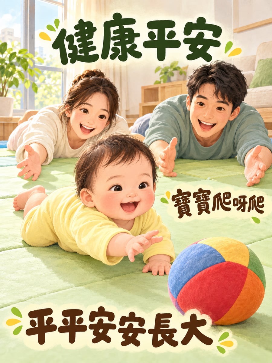 寶寶學爬。圖中文字：健康平安，寶寶爬呀爬，平平安安長大
