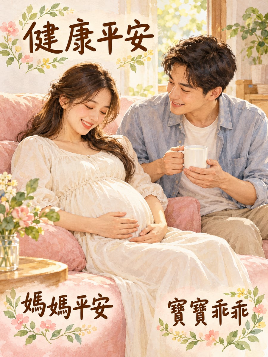 準媽媽摸摸肚子。圖中文字：健康平安，寶寶乖乖，媽媽平安