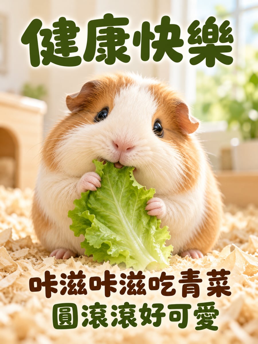 天竺鼠吃青菜。圖中文字：健康快樂，咔滋咔滋吃青菜，圓滾滾好可愛