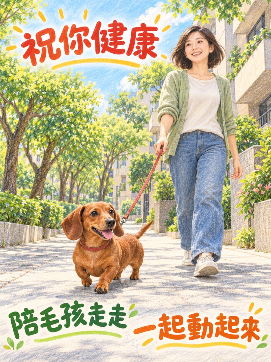帶臘腸出門走走。圖中文字：祝你健康，陪毛孩走走，一起動起來
