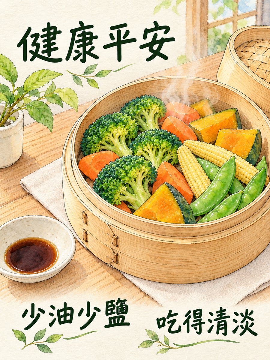一籠蒸蔬菜。圖中文字：健康平安，少油少鹽，吃得清淡