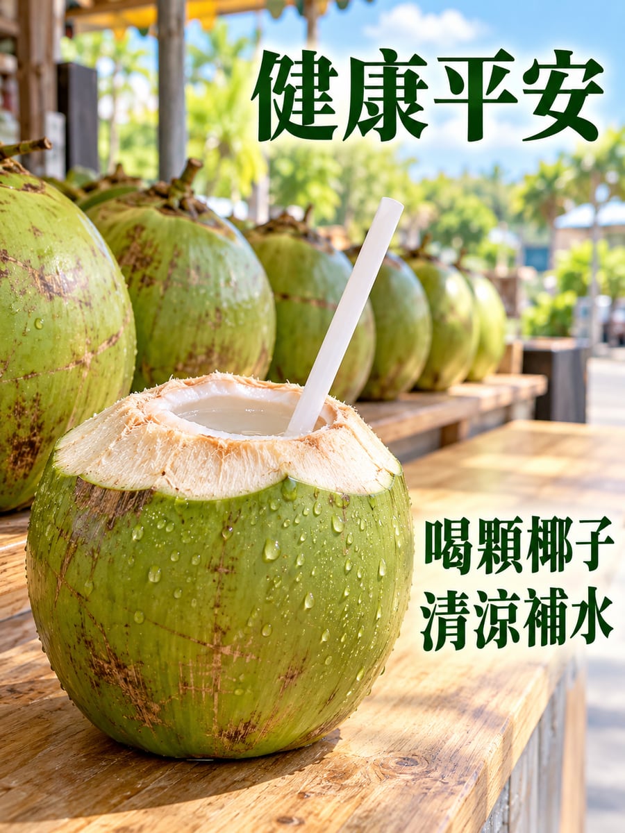 喝顆椰子。圖中文字：健康平安，喝顆椰子，清涼補水