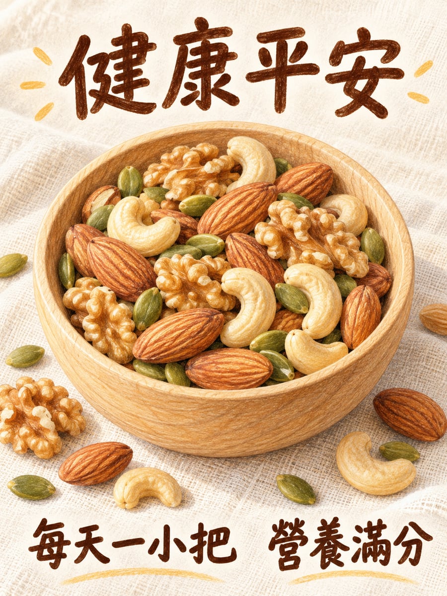 一碗綜合堅果。圖中文字：健康平安，每天一小把，營養滿分