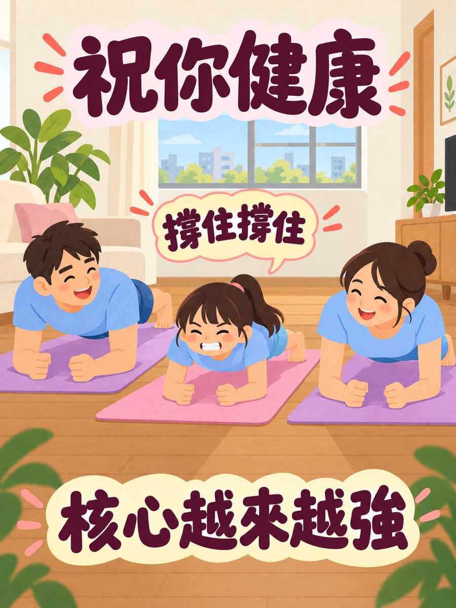 全家比賽平板撐。圖中文字：祝你健康，撐住撐住，核心越來越強