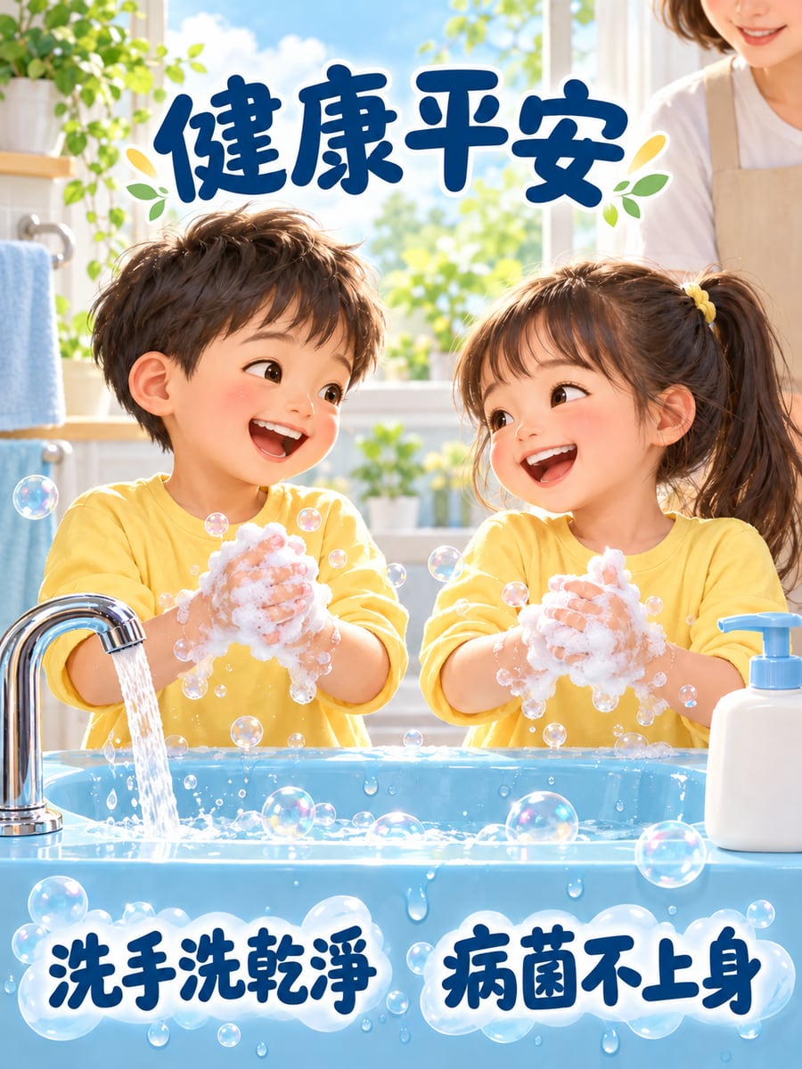 小朋友洗手。圖中文字：健康平安，洗手洗乾淨，病菌不上身