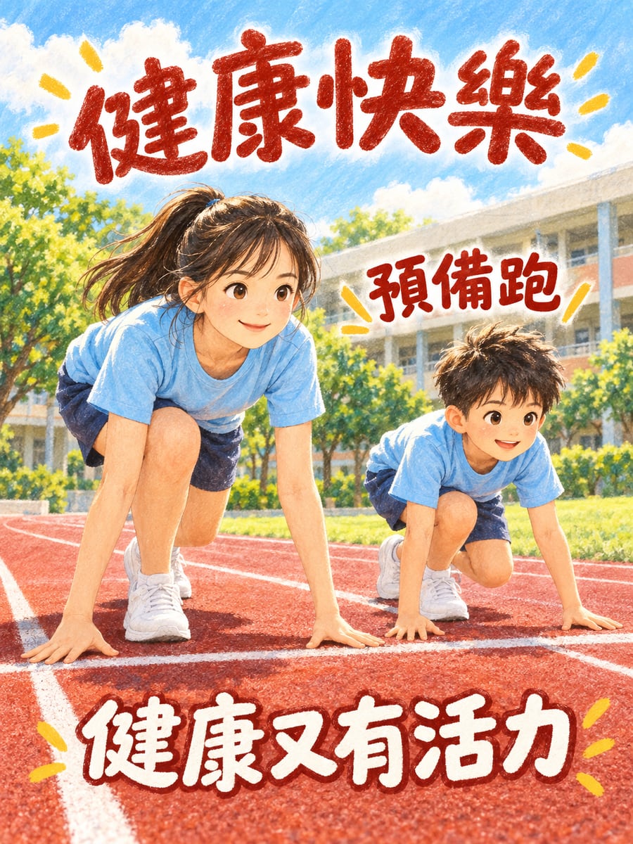 姊弟賽跑。圖中文字：健康快樂，預備跑，健康又有活力