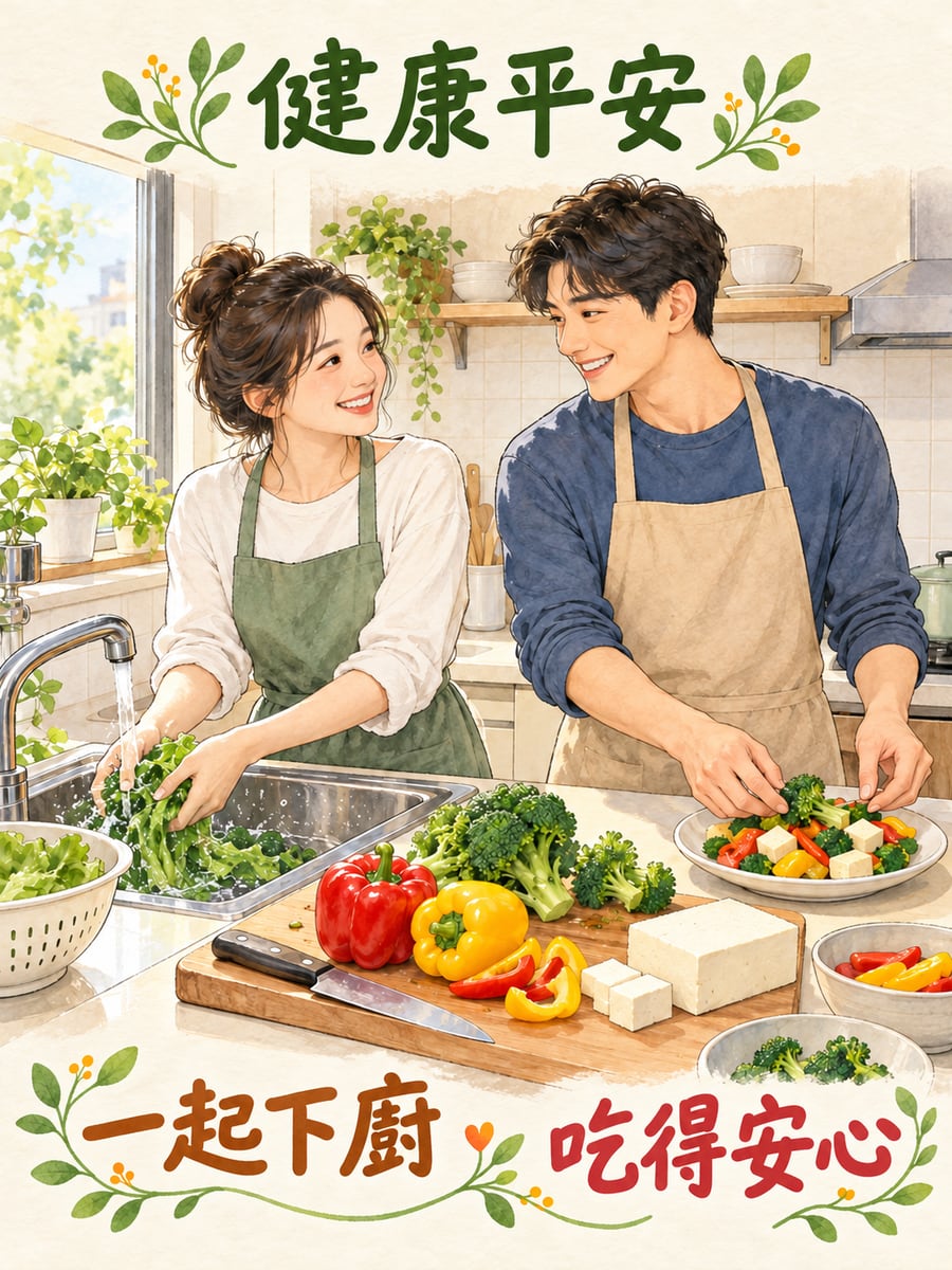 夫妻一起煮健康餐。圖中文字：健康平安，一起下廚，吃得安心