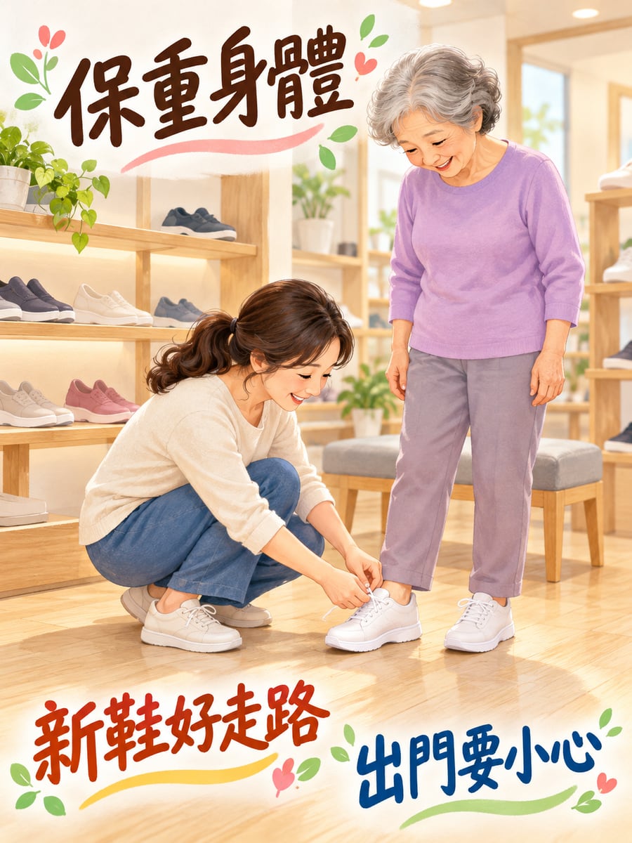 女兒陪媽媽買鞋。圖中文字：保重身體，新鞋好走路，出門要小心