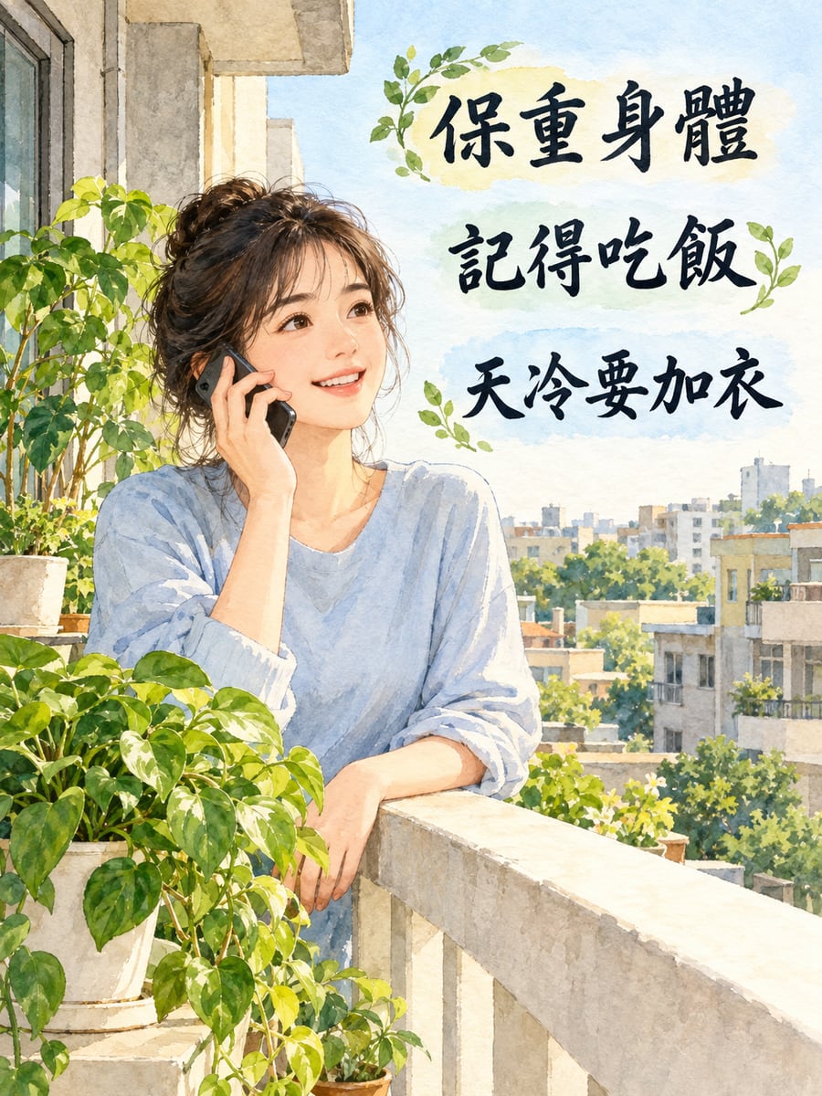 打電話給媽媽。圖中文字：保重身體，記得吃飯，天冷要加衣